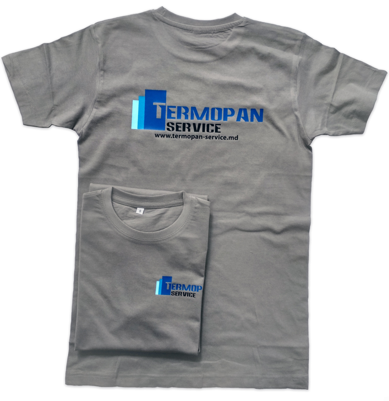 Термонанесение логотипа на серые футболки Teesta для Termopan service.