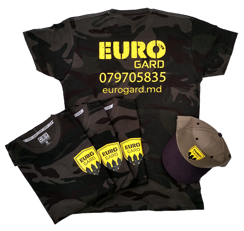 Нанесение логотипа EuroGard на футболки камуфляжные Crambe и кепки Stanmore.