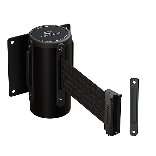 Crowd Control Warehouse - CCW Series WMB-120 Fixed Wall Mount Retractable Belt Barrier - 11 Foot, Black Belt with Black Steel Case, Crowd Control Barriers