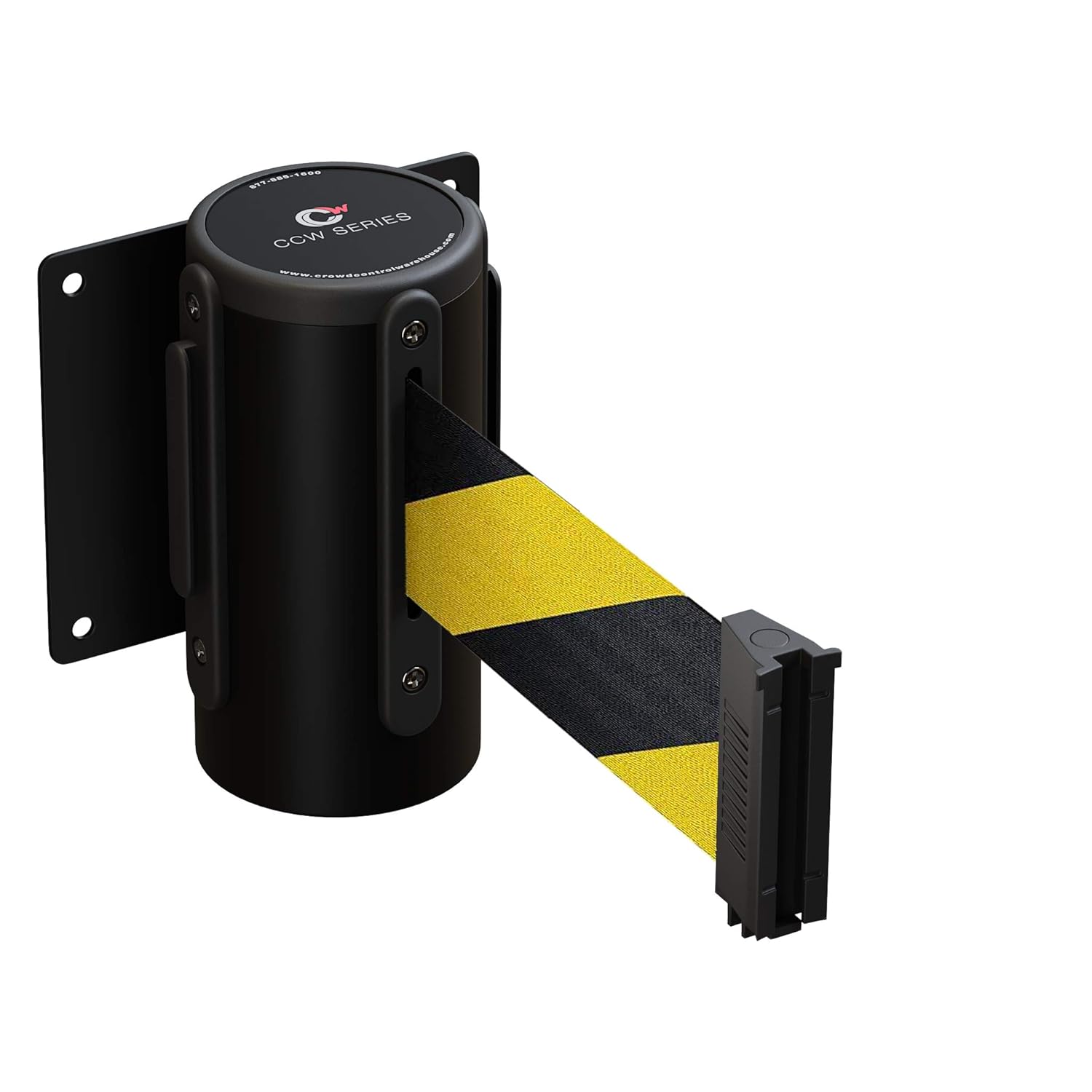 rowd Control Warehouse - CCW Series WMB-125 Fixed Wall Mount Retractable Belt Barrier - 11 Foot, Black and Yellow Diagonal Stripes Belt with Black Steel Case